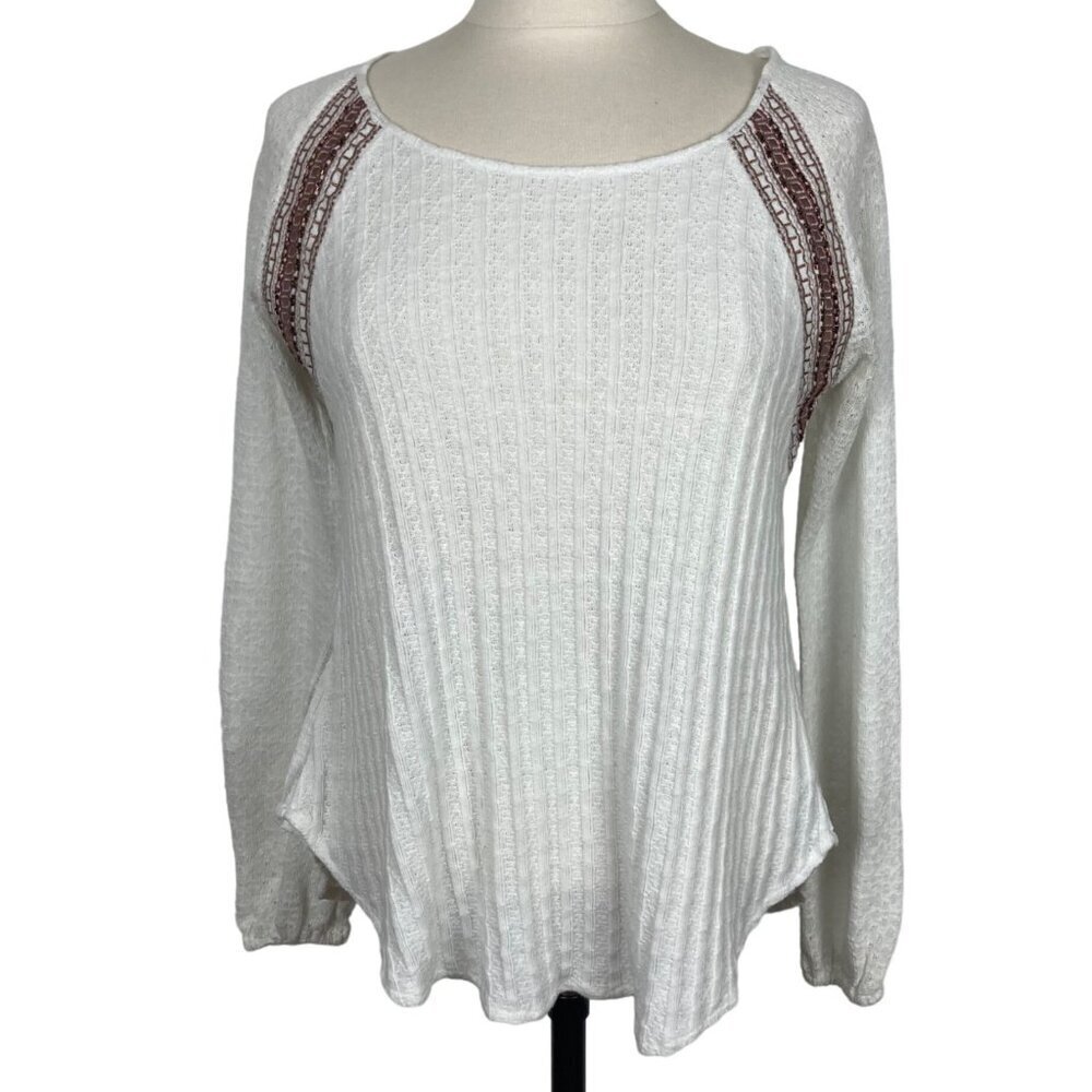 Miss Me White White Knit Long Sleeve Top Medium Beaded Detail Embroidered Sheer